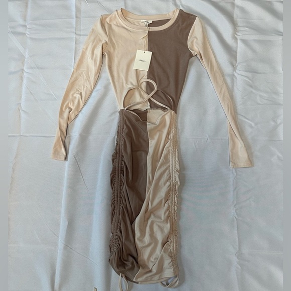 Cream and Brown Bodycon Dress with Cut-Out - Picture 1 of 2